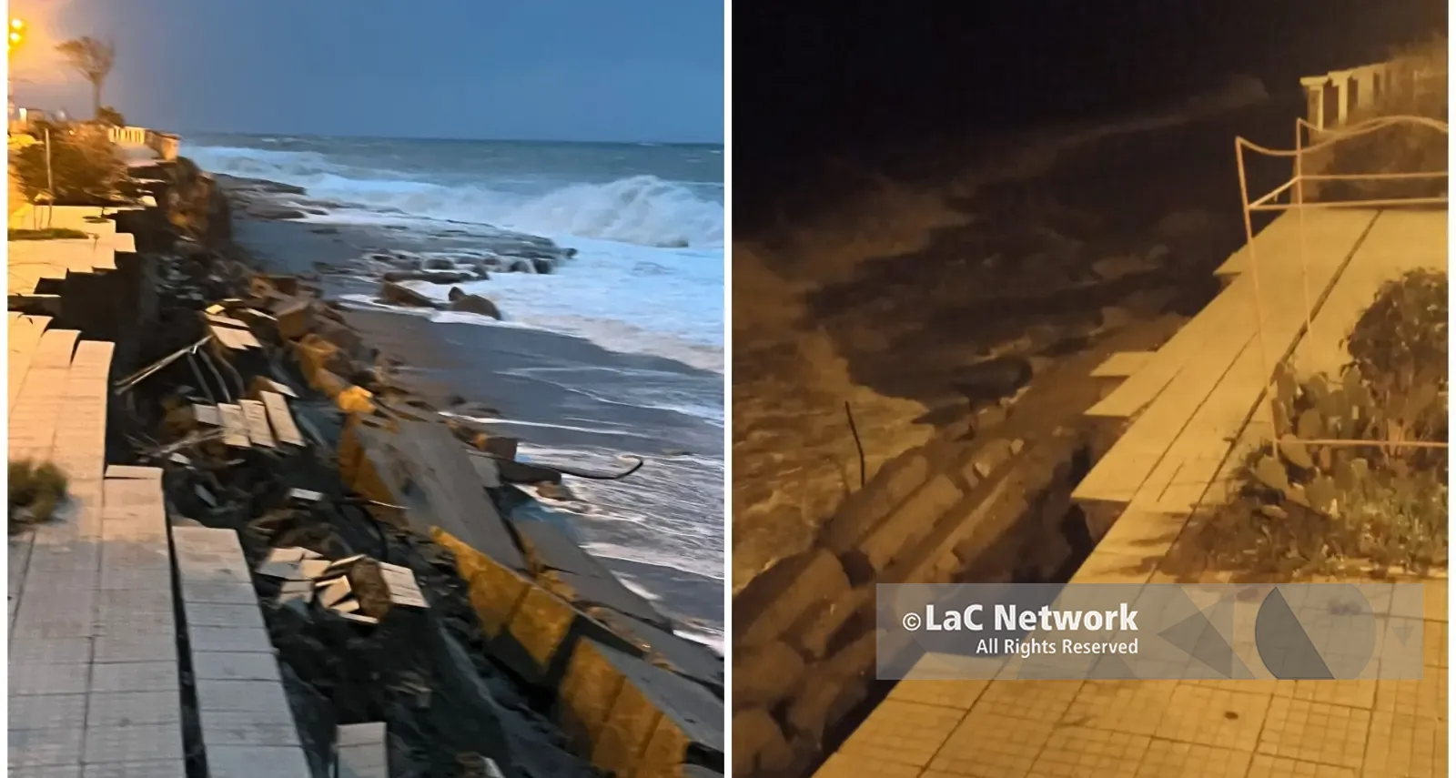 Melito Porto Salvo, la mareggiata divora il lungomare: primi danni nella notte mentre il peggio deve ancora arrivare\n