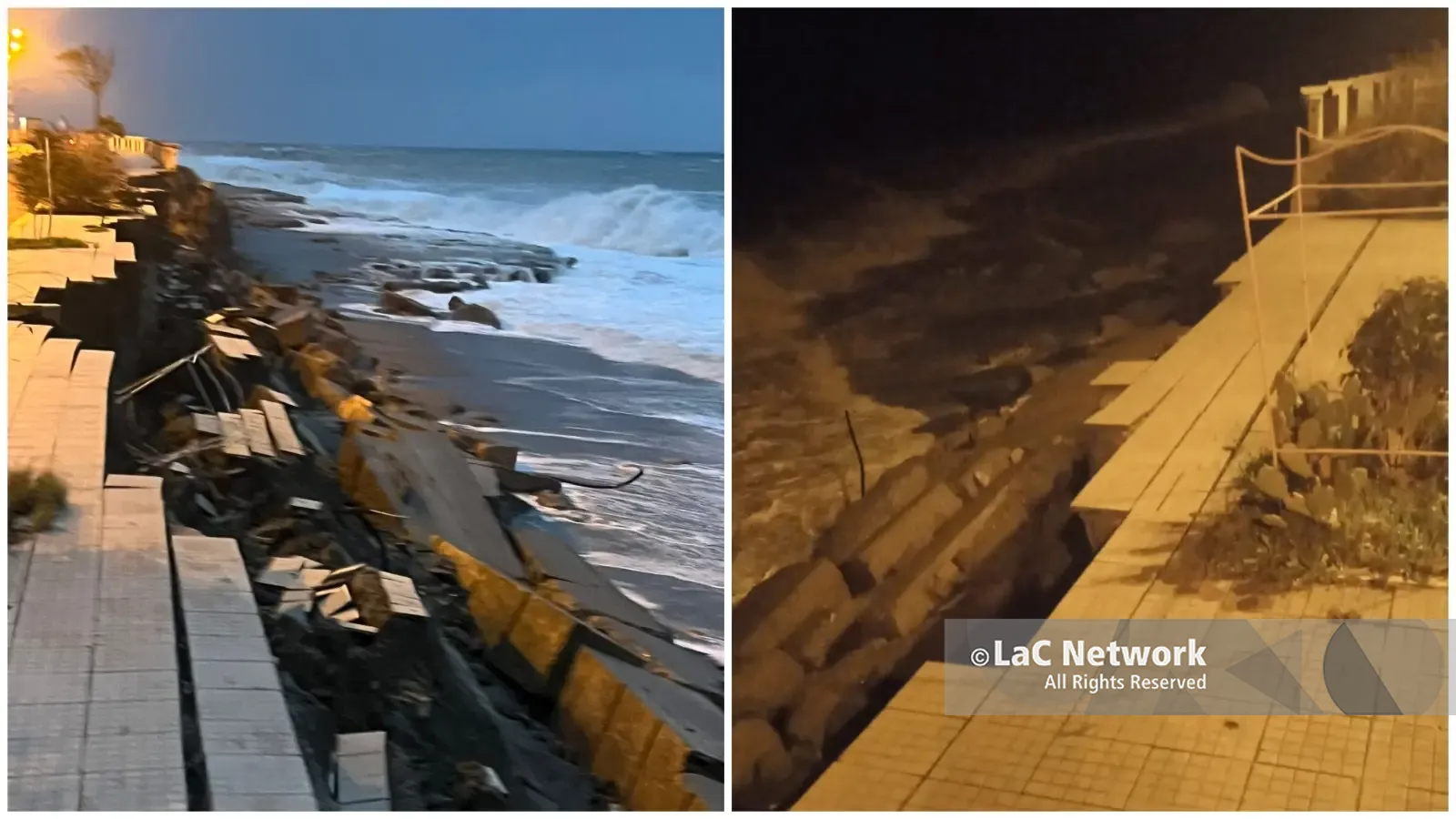 Melito Porto Salvo, la mareggiata divora il lungomare: primi danni nella notte mentre il peggio deve ancora arrivare\n