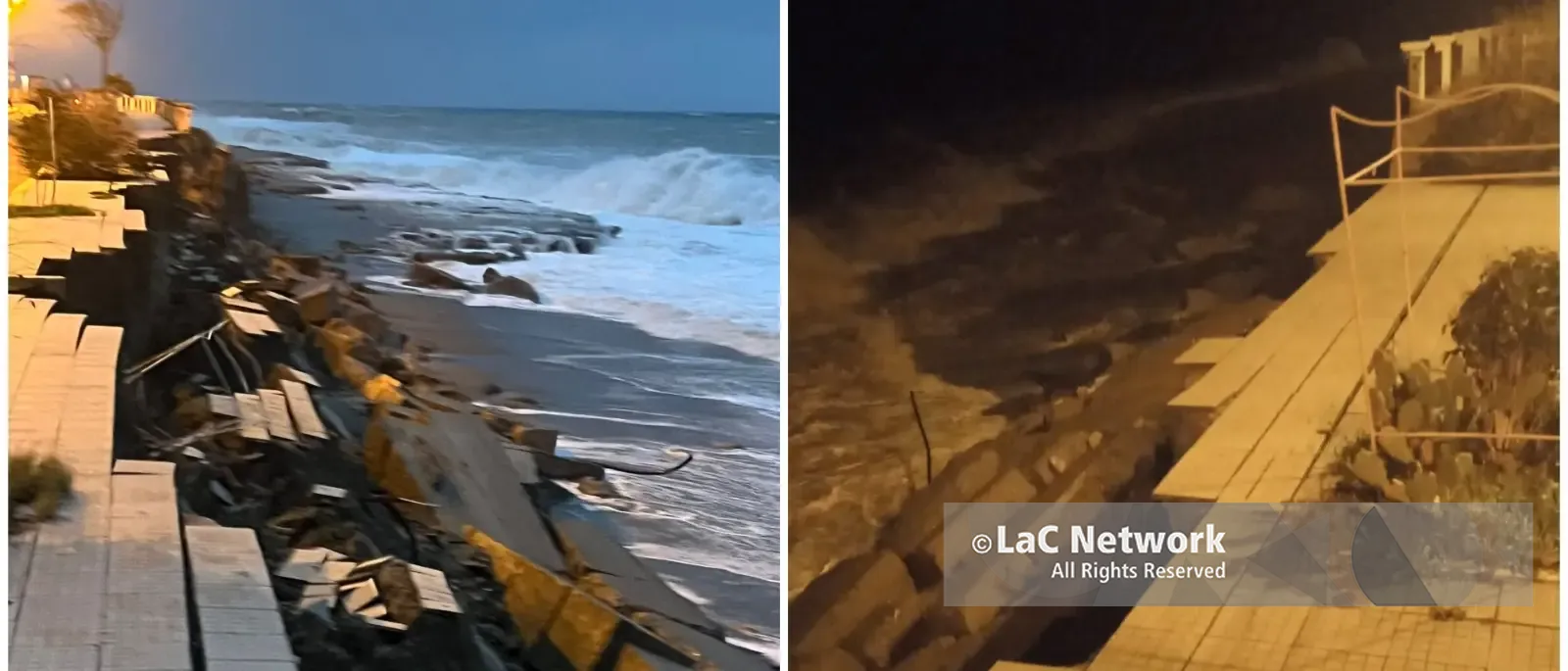 Melito Porto Salvo, la mareggiata divora il lungomare: primi danni nella notte mentre il peggio deve ancora arrivare\n