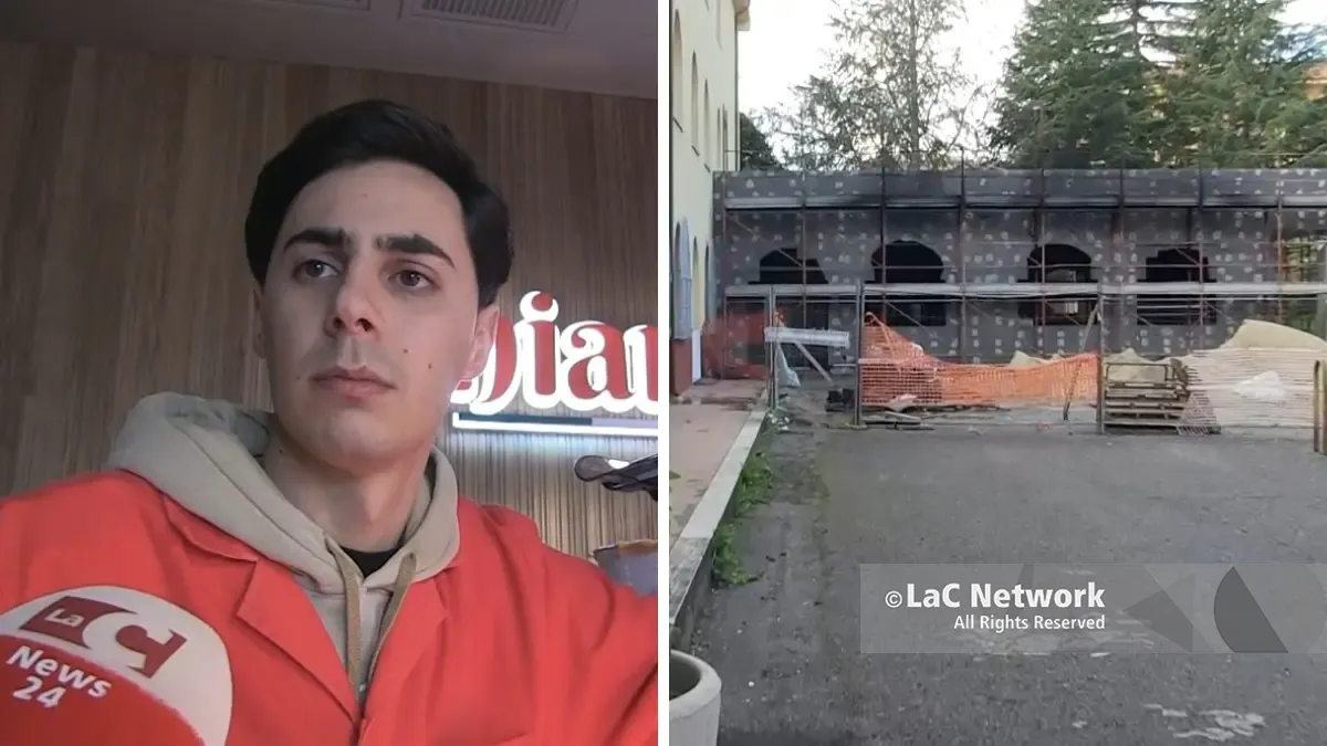 <p>Il giovane macellaio Costantino Chiarella, a destra il cantiere della scuola teatro di un attentato incendiario</p>\\n
