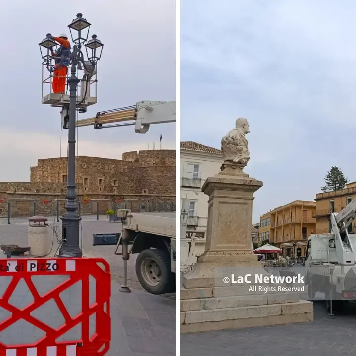 Pizzo, torna in piedi il lampione di ghisa in piazza della Repubblica dopo l’incidente del 3 novembre che poteva costare la vita a un ceramista\n