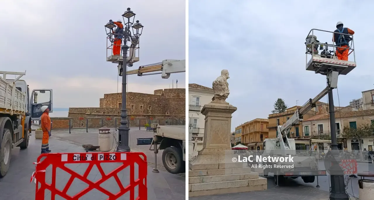 Pizzo, torna in piedi il lampione di ghisa in piazza della Repubblica dopo l’incidente del 3 novembre che poteva costare la vita a un ceramista\n