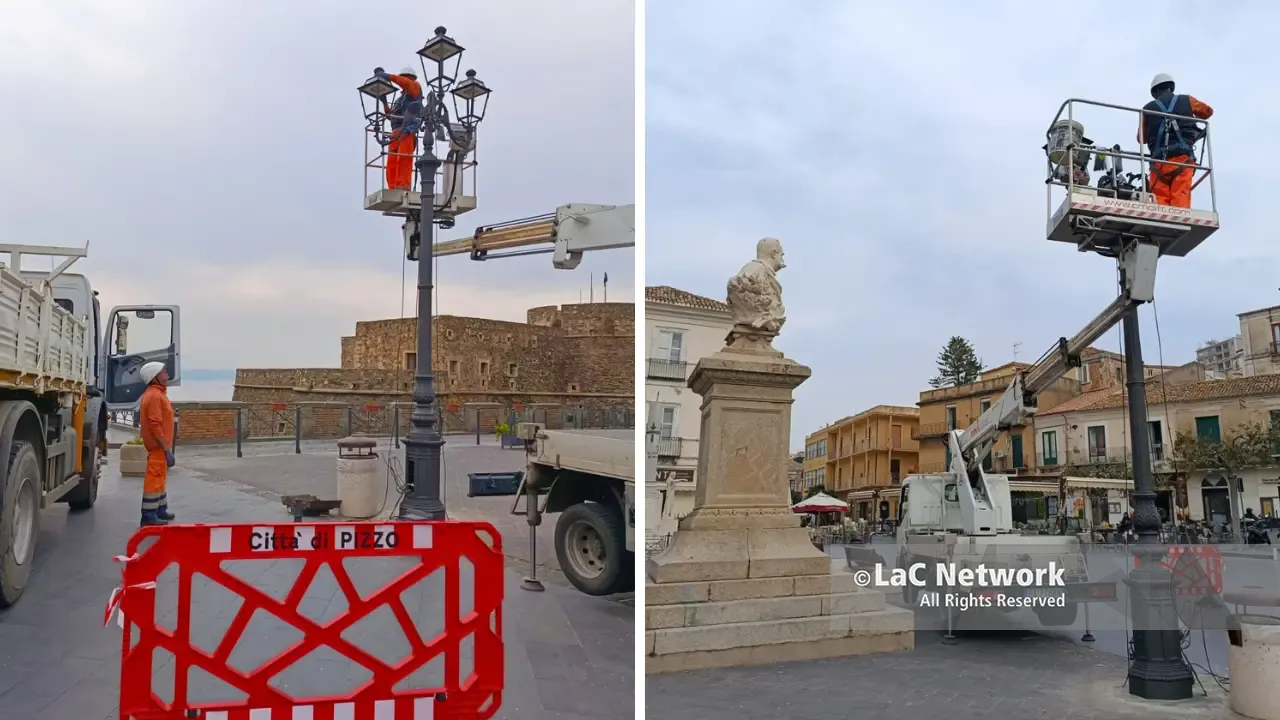Pizzo, torna in piedi il lampione di ghisa in piazza della Repubblica dopo l’incidente del 3 novembre che poteva costare la vita a un ceramista\n
