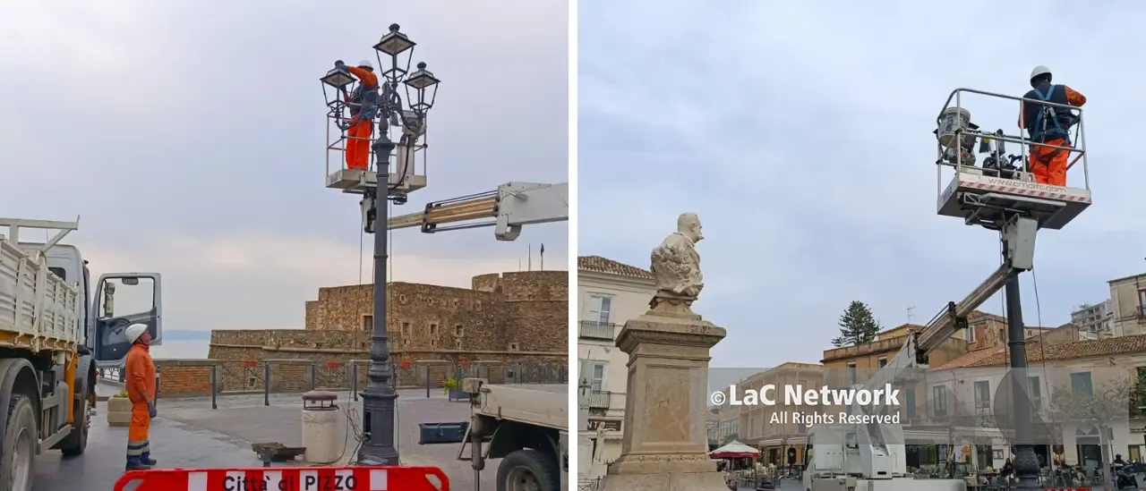 Pizzo, torna in piedi il lampione di ghisa in piazza della Repubblica dopo l’incidente del 3 novembre che poteva costare la vita a un ceramista\n