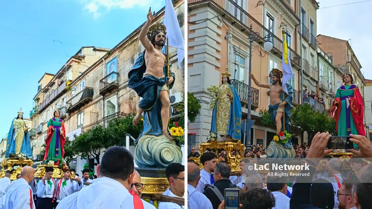 Vibo, l’Affruntata rinnova il rito della Pasqua tra fede e tradizione: migliaia di persone sul corso per assistere all’evento\n