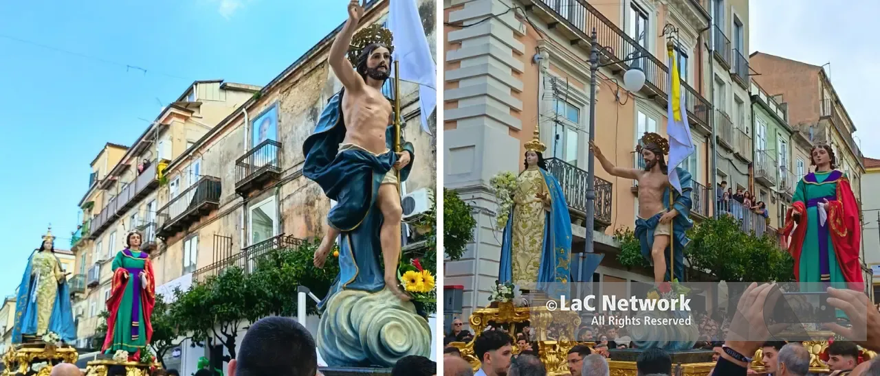 Vibo, l’Affruntata rinnova il rito della Pasqua tra fede e tradizione: migliaia di persone sul corso per assistere all’evento\n