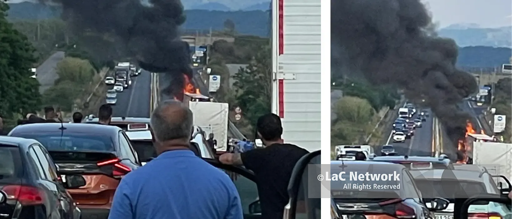 Camion in fiamme sulla Strada dei Due Mari: traffico bloccato e lunghe code, malore per una delle persone a bordo\n