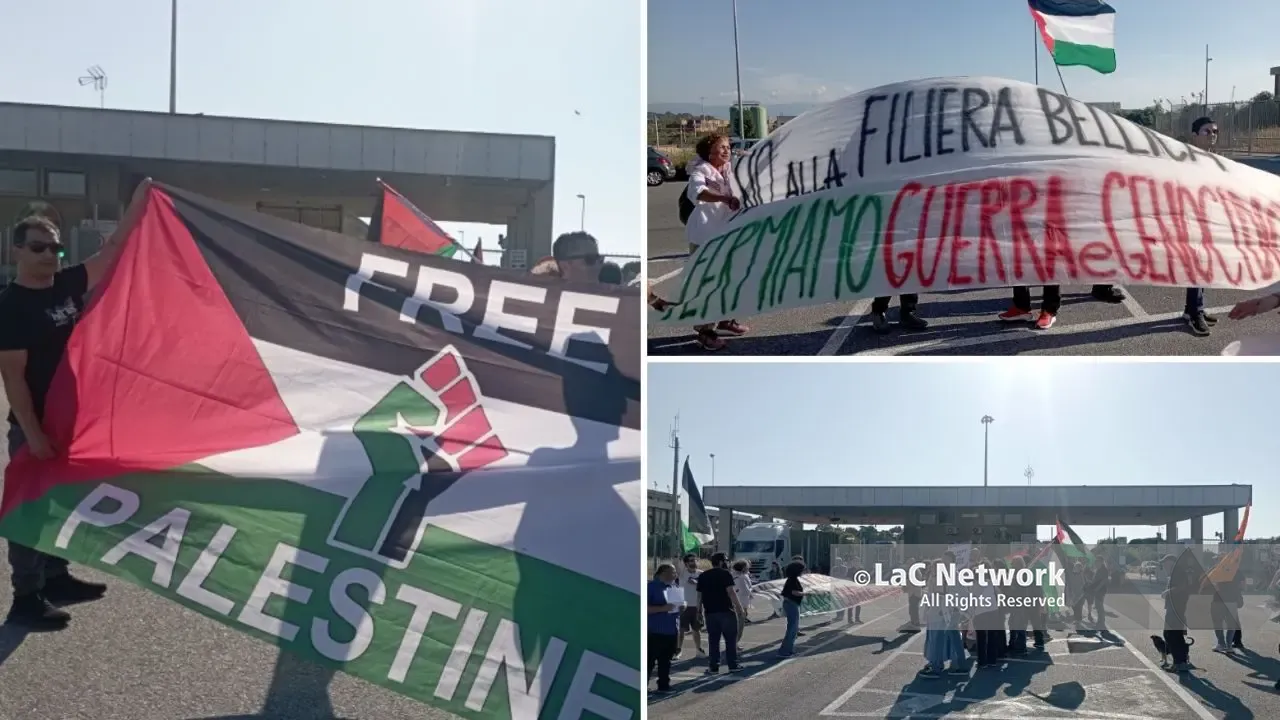 «Stop al traffico di armi nei nostri porti»:\u00A0barche e manifestanti bloccano a\u00A0Gioia Tauro per dire No alla guerra\n