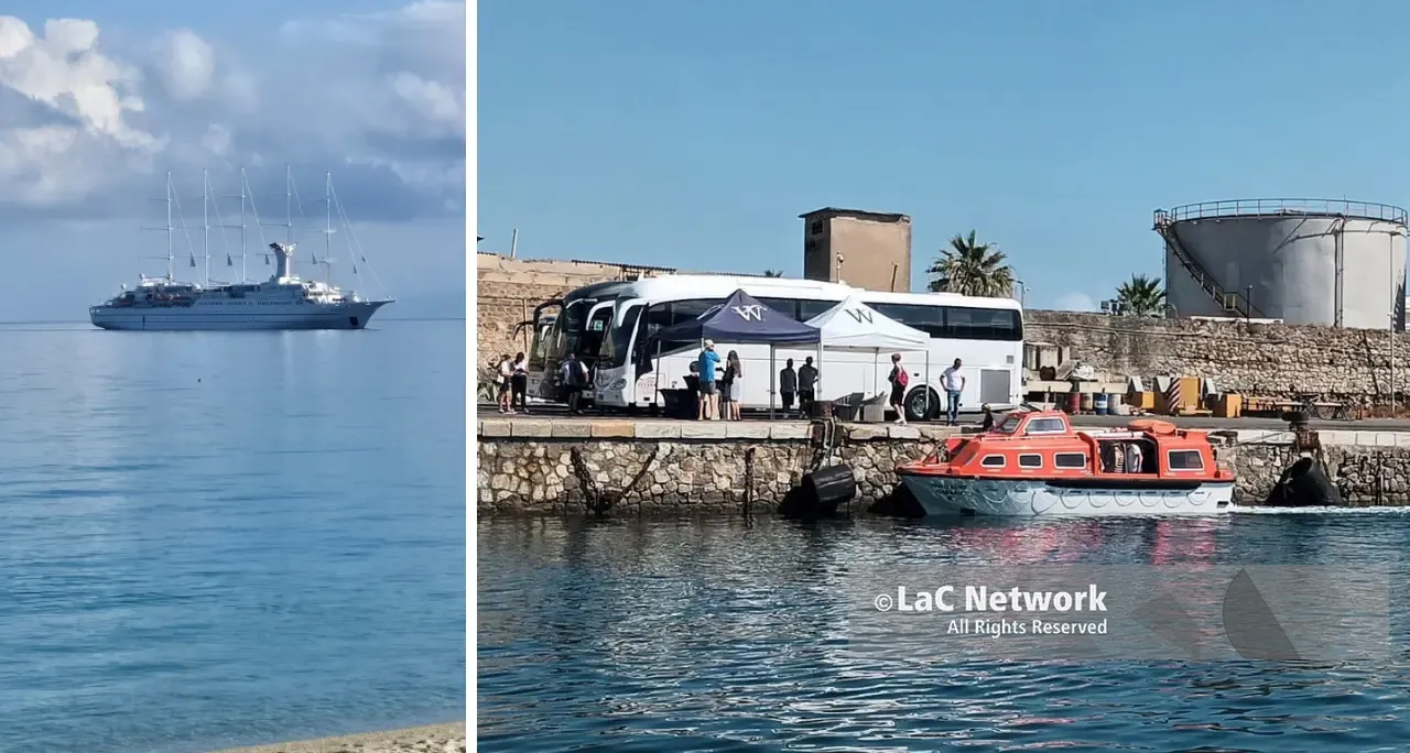 La Wind Surf è arrivata\u00A0Vibo Marina, il gigante a vela getta le ancore in rada e i turisti vengono sbarcati con i tender\n