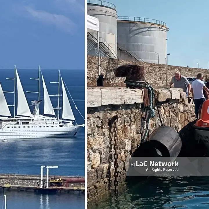 La Wind Surf è arrivata a Vibo Marina, il gigante a vela getta le ancore in rada e i turisti vengono sbarcati con i tender\n