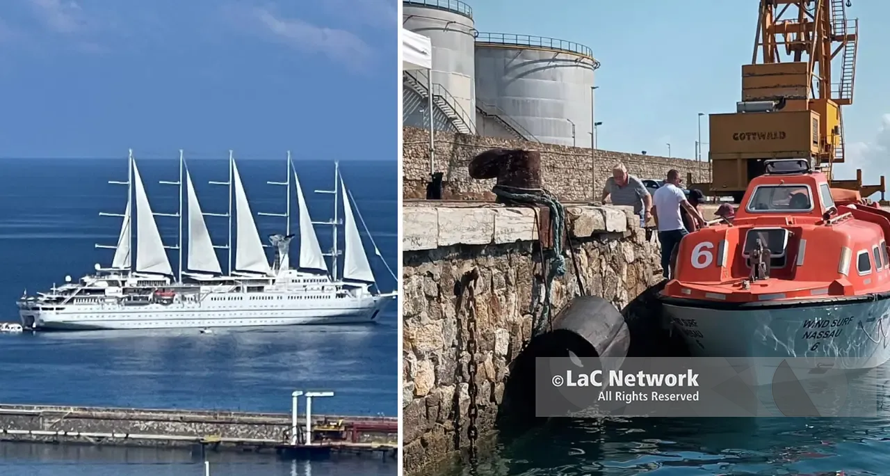 La Wind Surf è arrivata\u00A0Vibo Marina, il gigante a vela getta le ancore in rada e i turisti vengono sbarcati con i tender\n