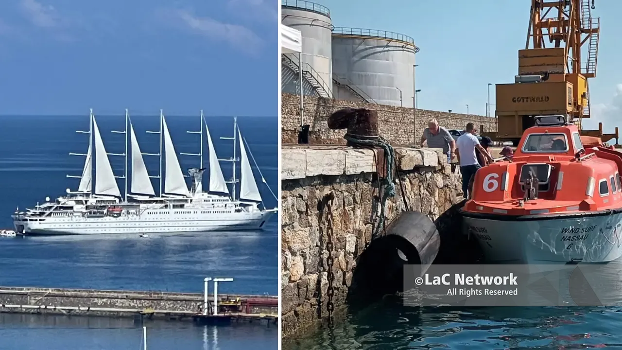 La Wind Surf è arrivata a Vibo Marina, il gigante a vela getta le ancore in rada e i turisti vengono sbarcati con i tender\n