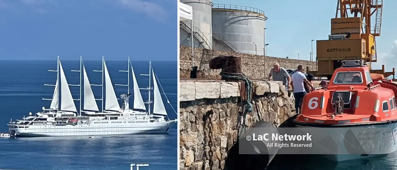 La Wind Surf è arrivata a Vibo Marina, il gigante a vela getta le ancore in rada e i turisti vengono sbarcati con i tender\n