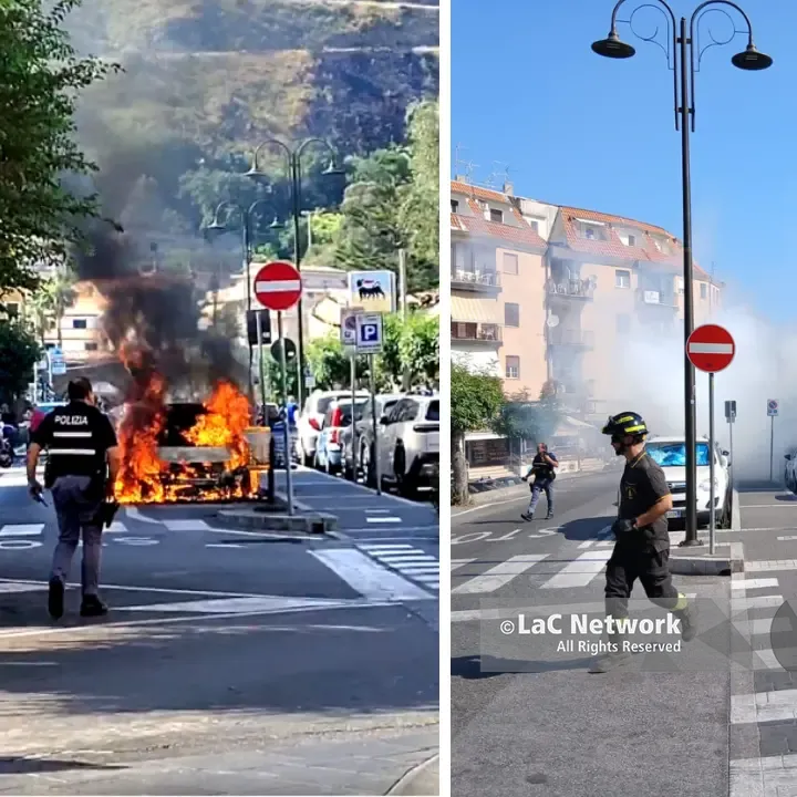 Auto in fiamme nel cuore di Tropea, caos su viale Stazione: circolazione bloccata vicino alla Ztl\n