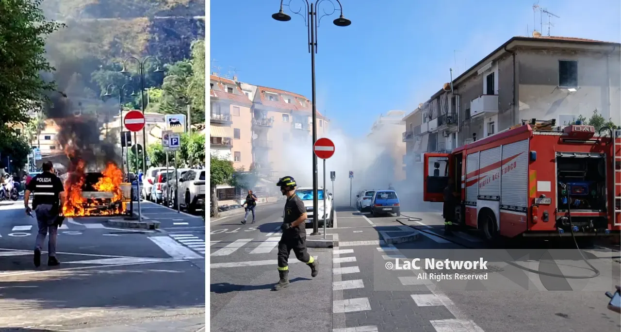 Auto in fiamme nel cuore di Tropea, caos su viale Stazione: circolazione bloccata vicino alla Ztl\n