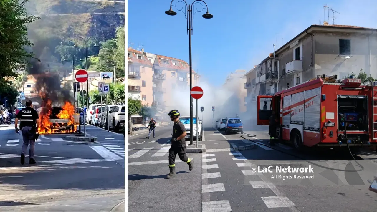 Auto in fiamme nel cuore di Tropea, caos su viale Stazione: circolazione bloccata vicino alla Ztl\n