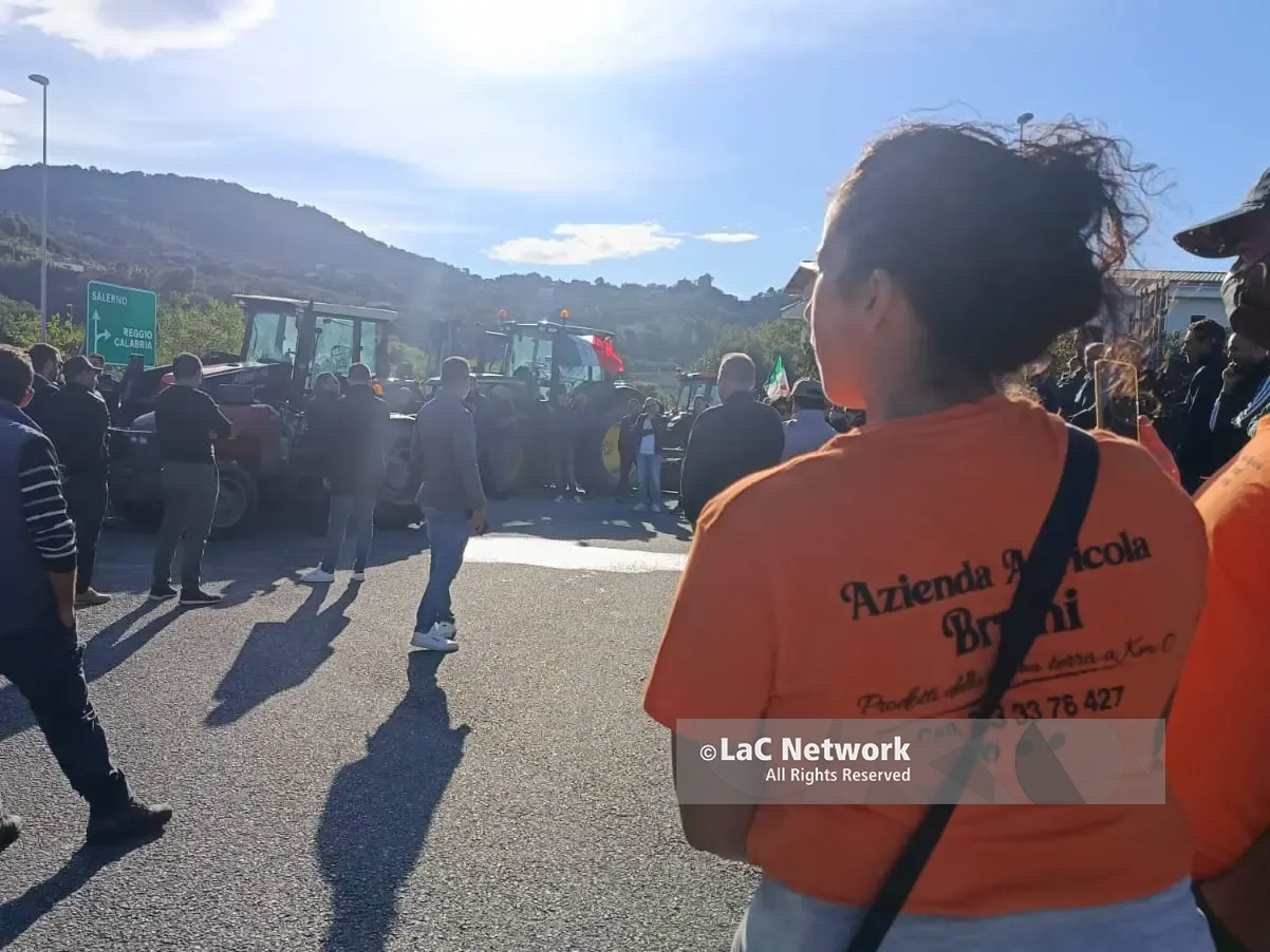 Falerna, la protesta degli agricoltori blocca la statale 18 (dopo lo svincolo A2): «Le nostre aziende rischiano di morire»