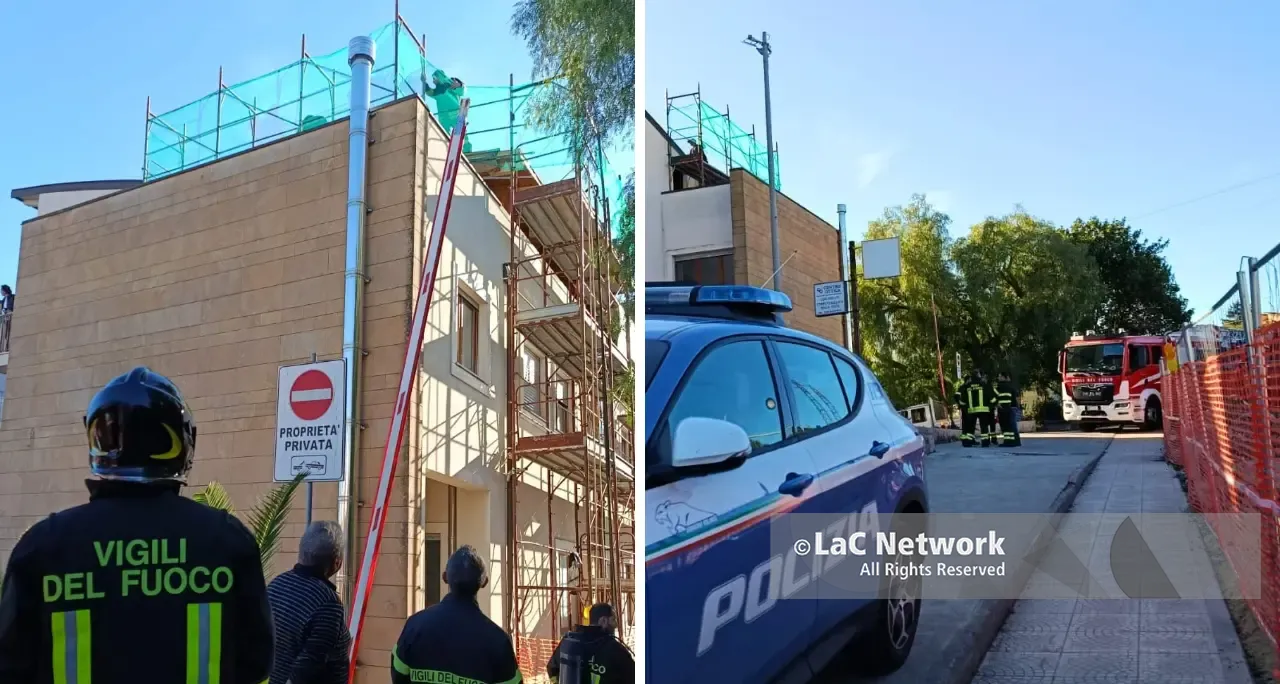 Vibo, incendio sul tetto di un edificio in via degli Artigiani: vigili del fuoco in azione vicino al cantiere del progetto Maione\n